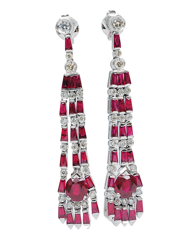 A pair of highquality ruby diamond earpendants in the style of Art-déco