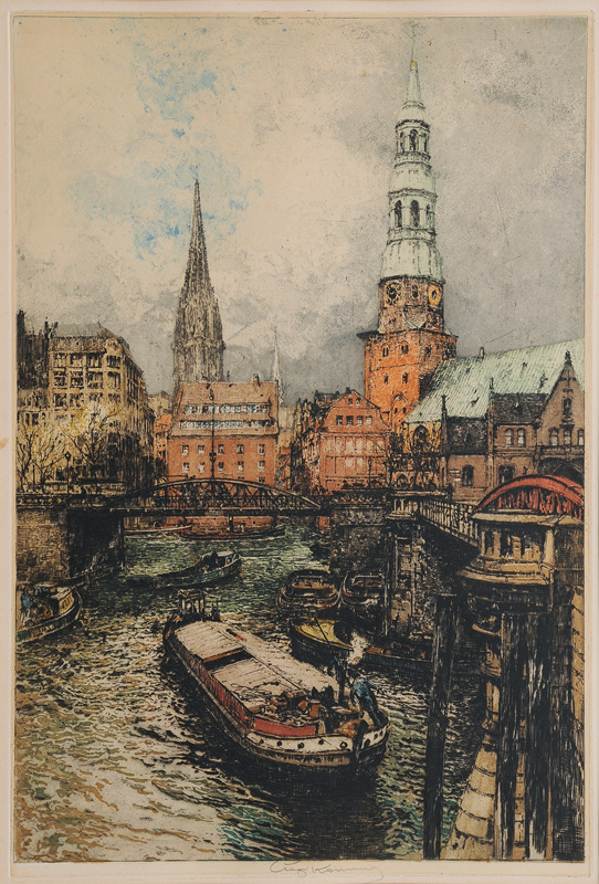 Hamburg Town Canal with St. Catherines and St. Niclas" Church