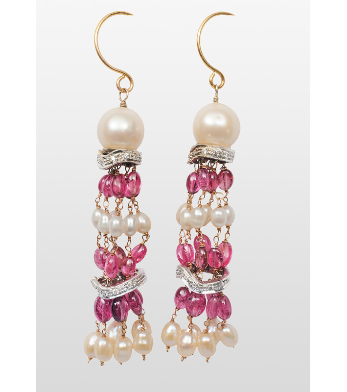 A pair of pearl ruby earpendants