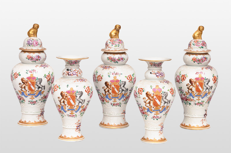 A set of 5 armorial vases