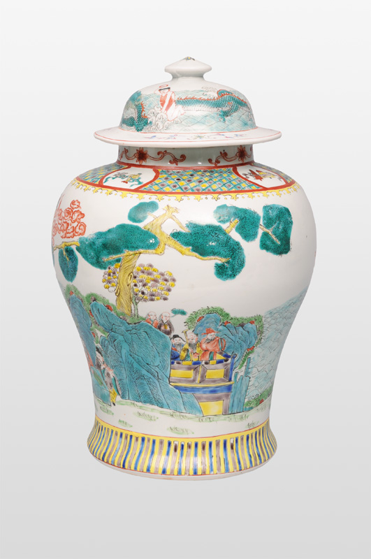 A tall Famille-Verte cover-vase with Taoist deities