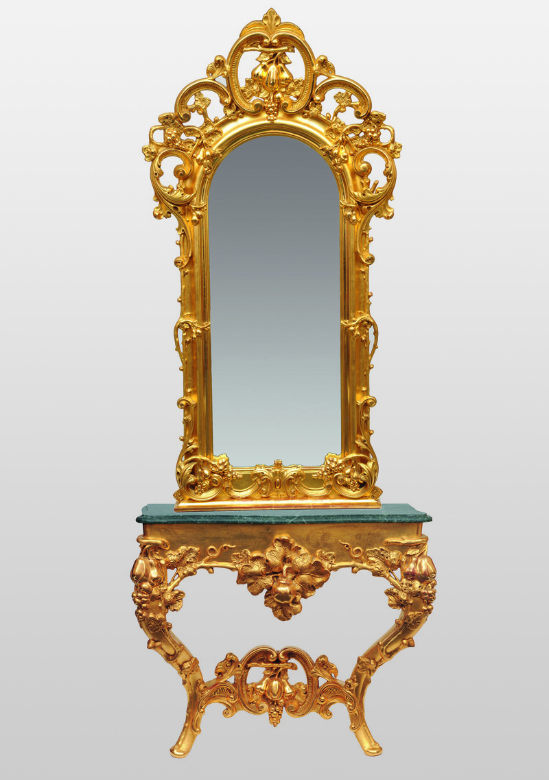 Außergewöhnlicher vergoldeter Louis-Philippe-Spiegel mit Konsole