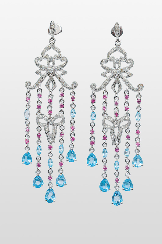 A pair of topaz earpendants with diamonds and pink sapphires
