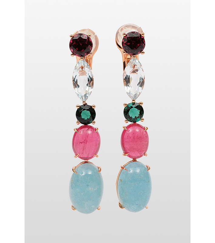 A pair of aquamarin rhodolith tourmaline earpendants