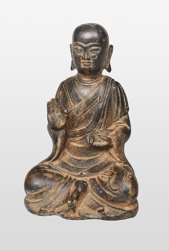 Bronze-Figur "Sitzender Mönch mit Ratte"