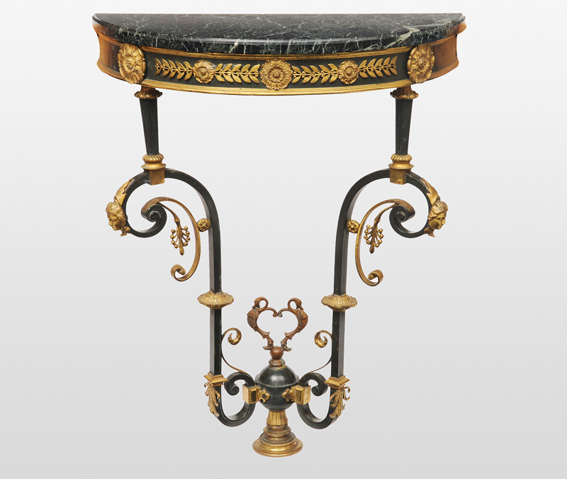 A rare demi lune iron console table