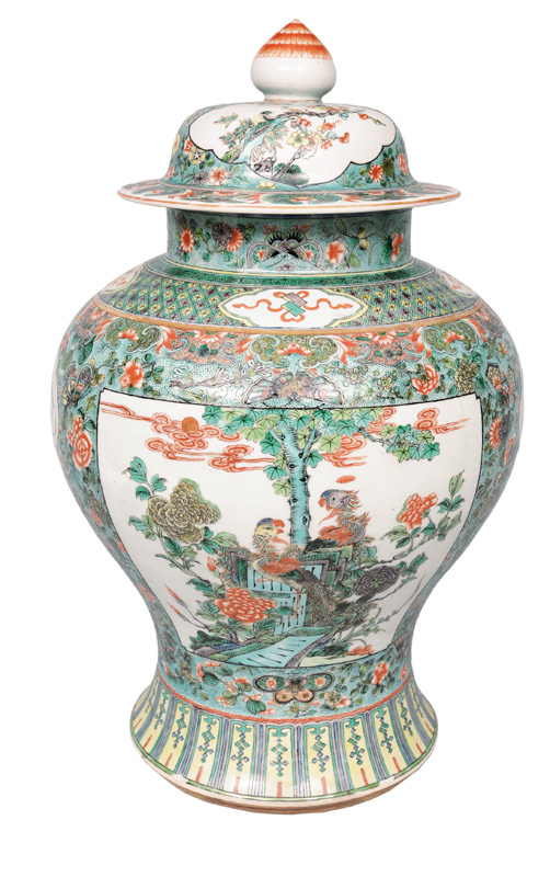 An impressive Famille Verte baluster vase with phoenix birds