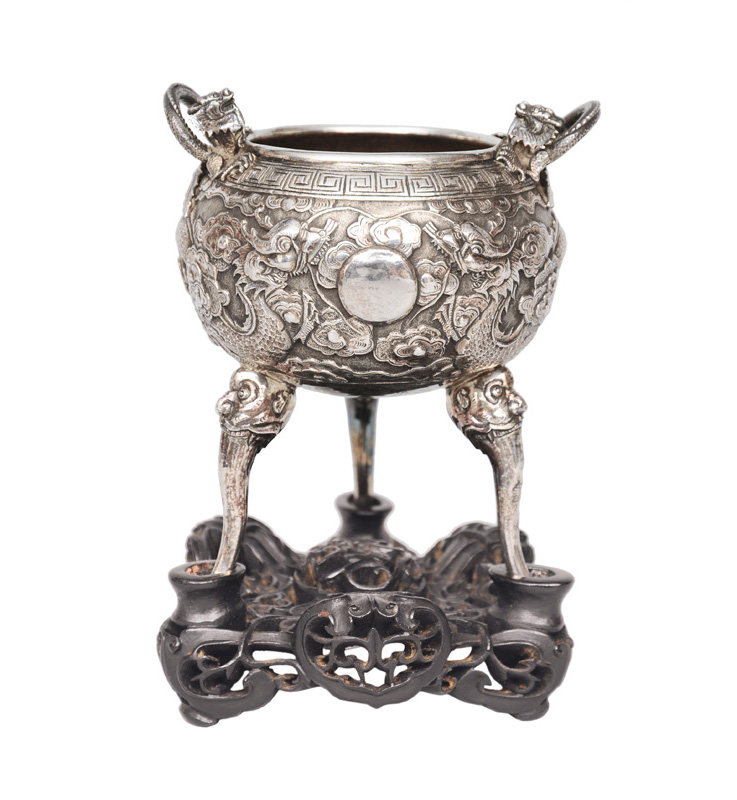 A fine silver tripod censer with dragon relief