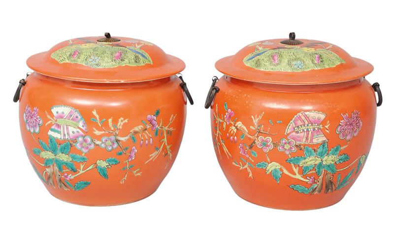 A pair of ginger pots with butterflies