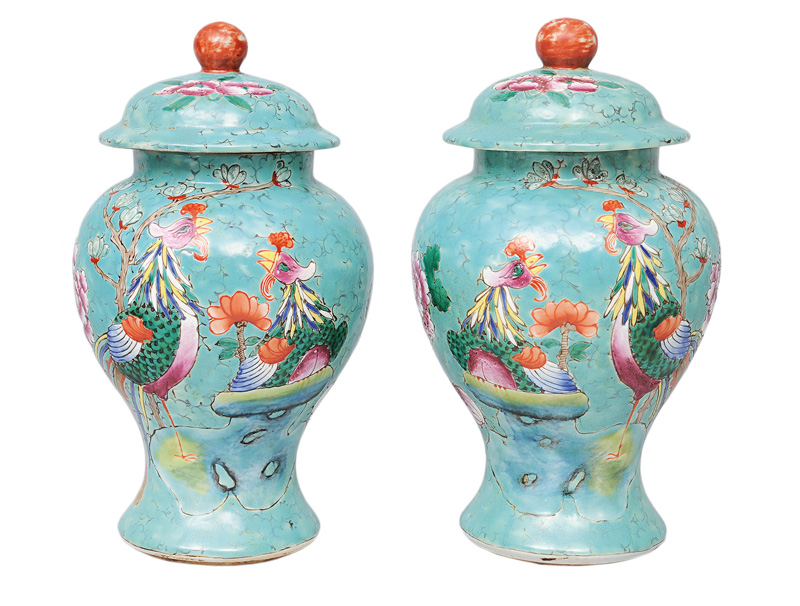 A pair of turquoise baluster vases with phoenix birds