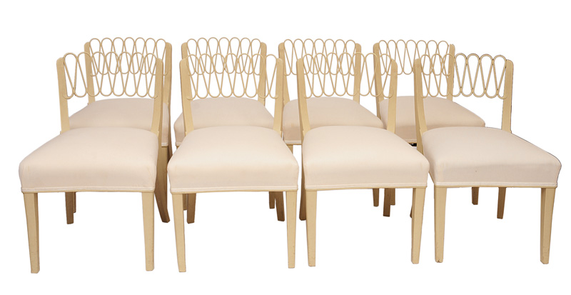 Seltener Esstisch und acht Stühle mit Malerei von Oskar Moll
