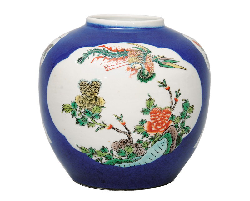 A globular "Powder Blue" vase with phoenix