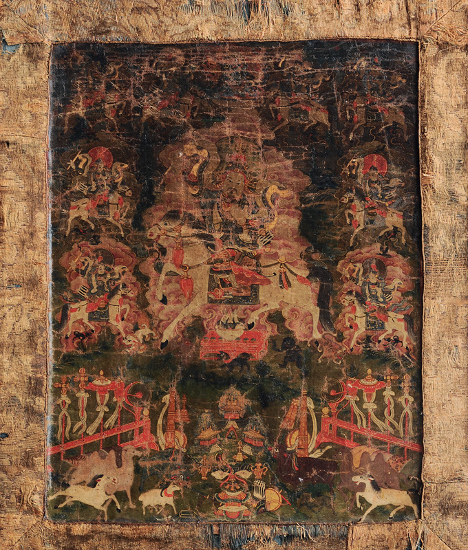 Feiner Thangka mit der Schutzgottheit "Gesar Ling"