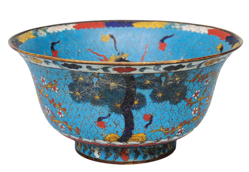 A cloisonné bowl with horses and the "3 Friends of Winter"
