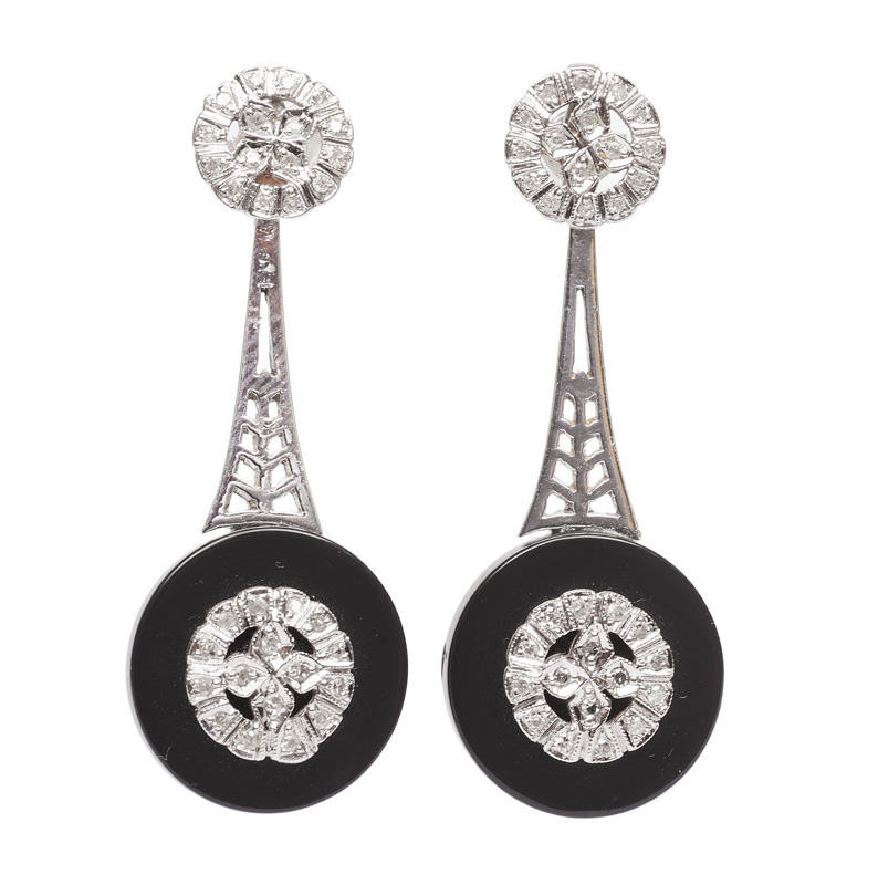 A pair of onyx diamond earpendants in the style of Art-déco