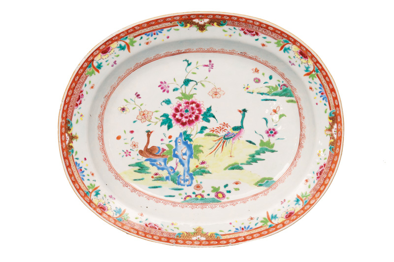A large oval Famille-Rose plate with phoenix