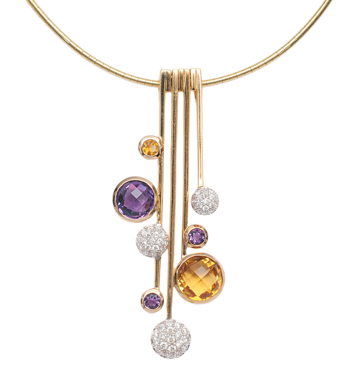 Moderner Amethyst-Citrin-Brillant-Anhänger mit Kette