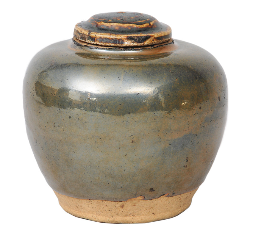 A cover jar with iridescent glaze