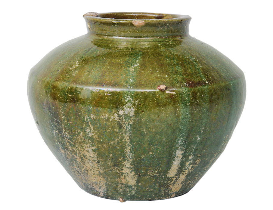 A shoulder pot with iridescent green glaze