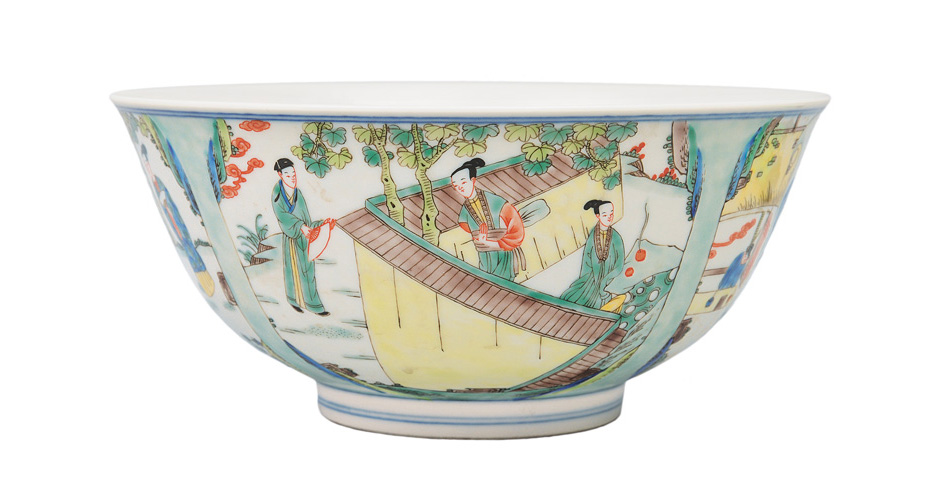 A Famille-Verte bowl with genre scenes