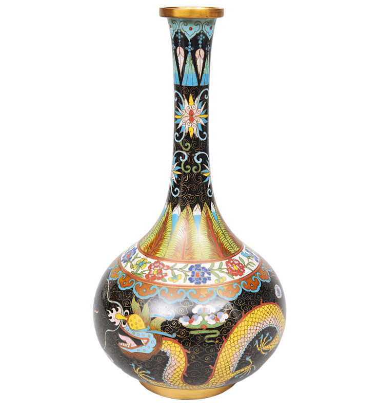 Cloisonné-Flaschenvase mit Schwarz-Fond und gelbem Drachen