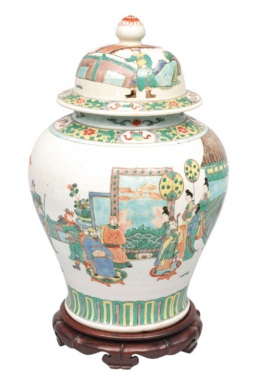 A tall Famille Verte cover vase with court scene