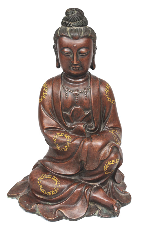 Große Bronze-Guanyin mit Gold- und Silbertauschierungen