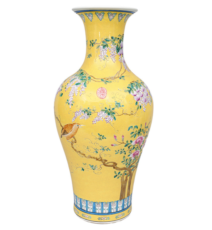 A tall "Da Ya Zhai" baluster vase with lemon-yellow underground and wisterias