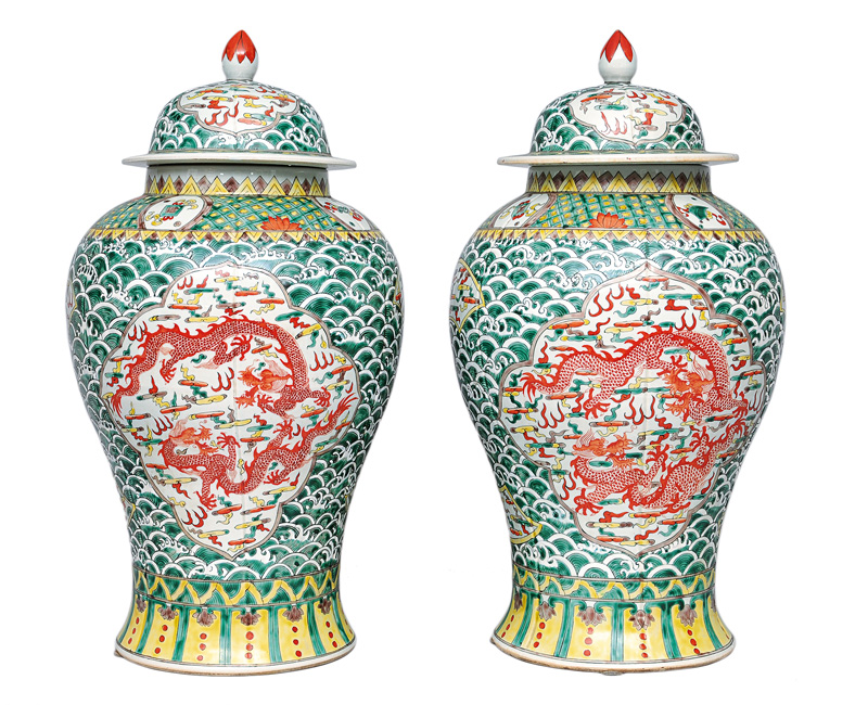 A pair of Famille-Verte cover vases with dragons