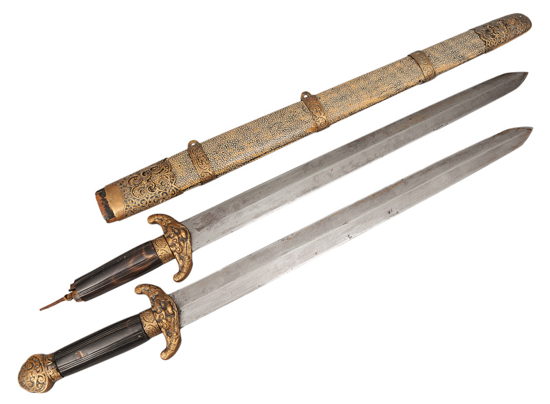 A double sword with ray skin scabbard