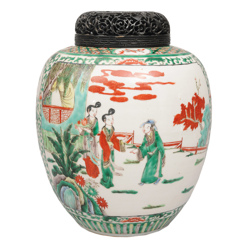 A tall Famille-Verte ginger jar with garden scenes