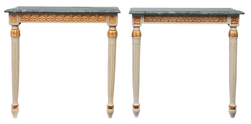 A pair of coloured console tables