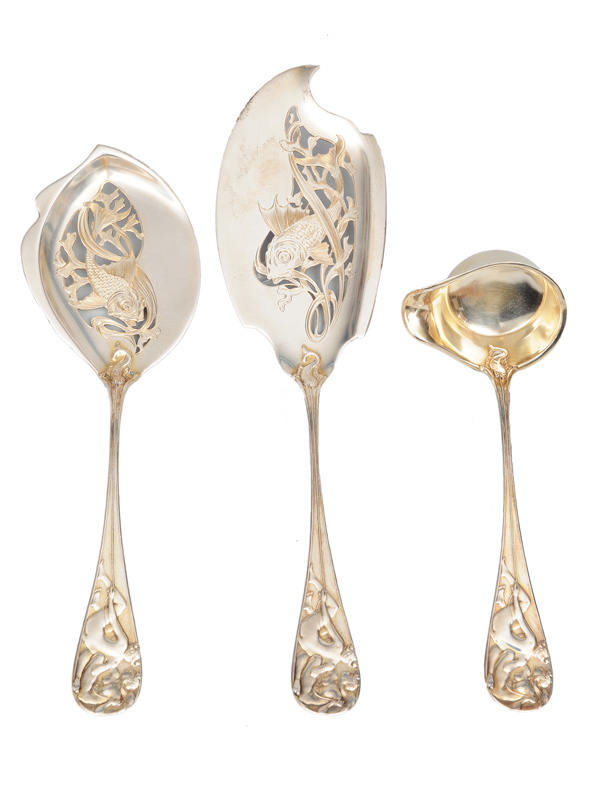 A rare Art Nouveau fish serving cutlery and a gravy spoon