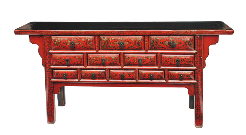 A magnificent red lacquered altar table with gold painting