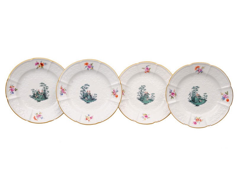 A set of four plates with Watteau scenes