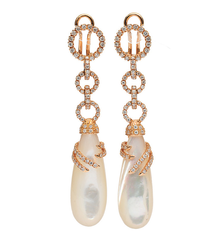 A pair of mother-of-pearl diamond earpendants