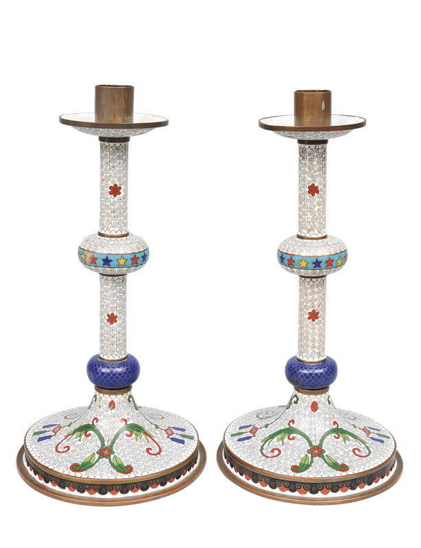 A pair of lean cloisonné candlesticks