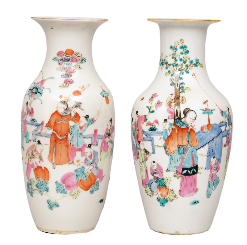 A set of  2 "playing boys" Famille-Rose vases