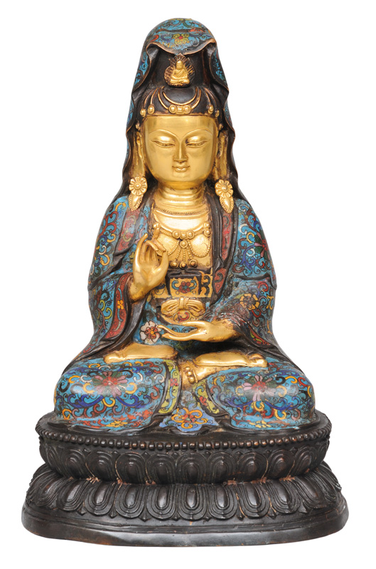 Bronze-Figur "Guanyin" mit Cloisonné-Mantel