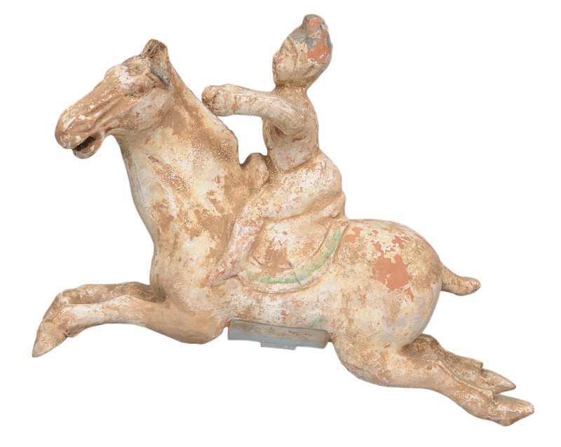 A pottery figure "Female polo player on a jumping horse"