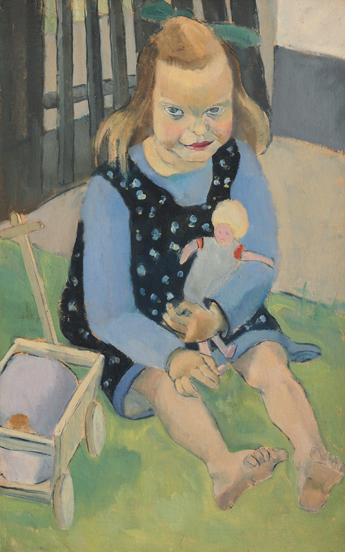 Mädchen in Blau mit Puppe