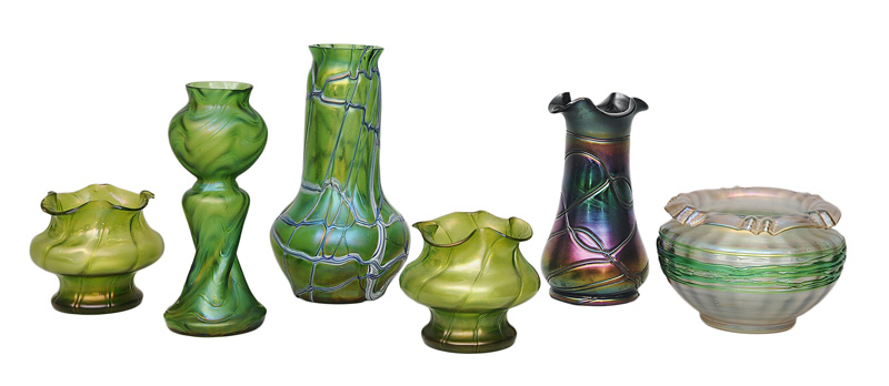 Six Art Nouveau vases with applied filament decor