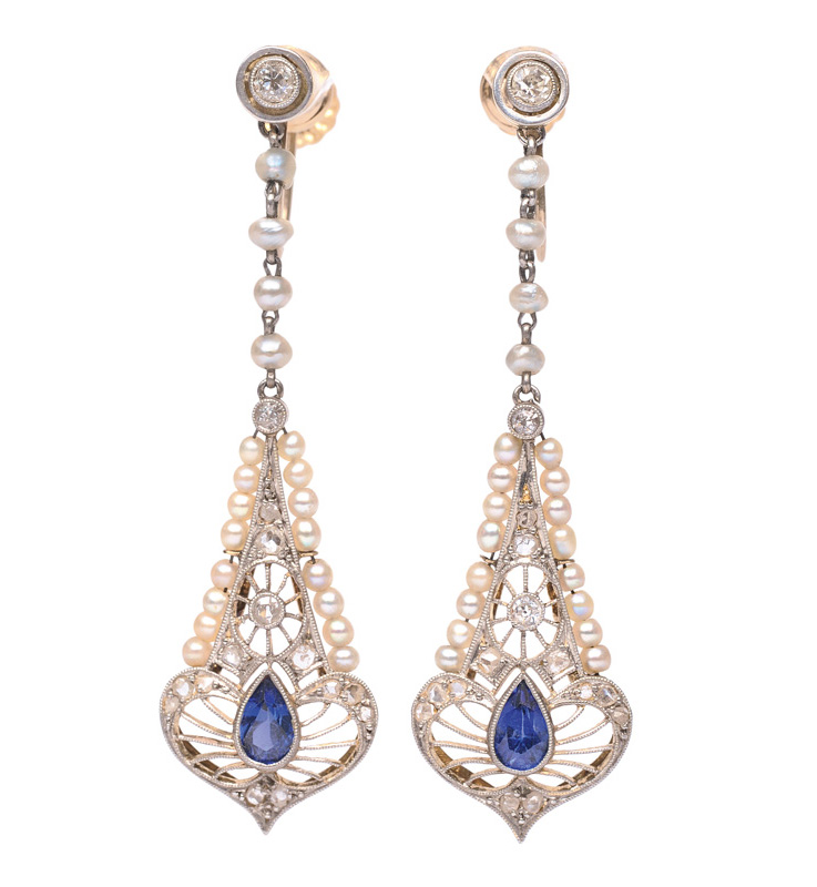 Paar Art-Nouveau-Ohrhänger mit Saphir- und Perlen-Besatz