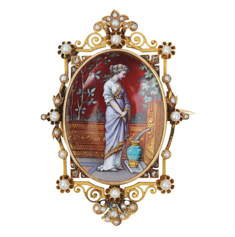 Belle-Époche-Brosche mit antikisierender Email-Malerei