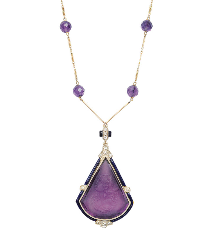 An Art-déco amethyst necklace with cameo portrait