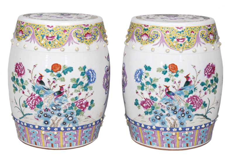 A pair of tall Famille-Rose stool with bird painting