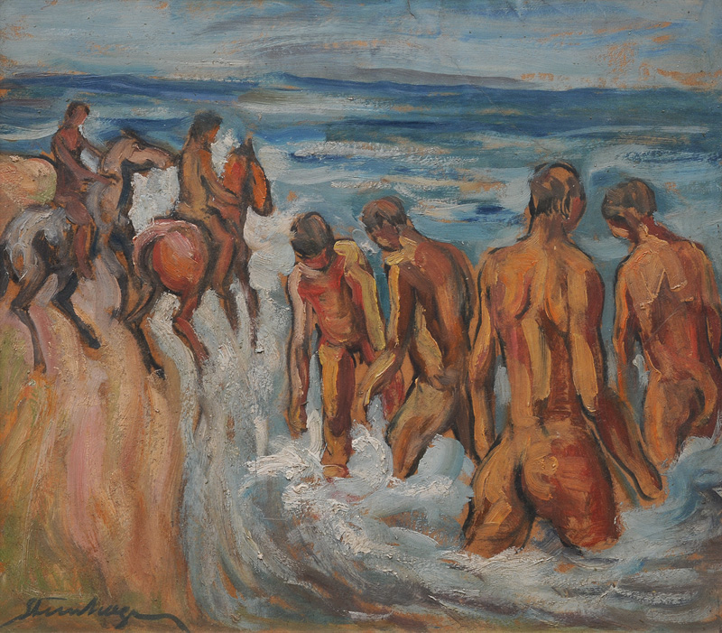 Badende und Reiter am Strand