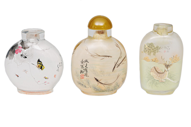 A set of 3 inside-painted glass snuffbottles with animals
