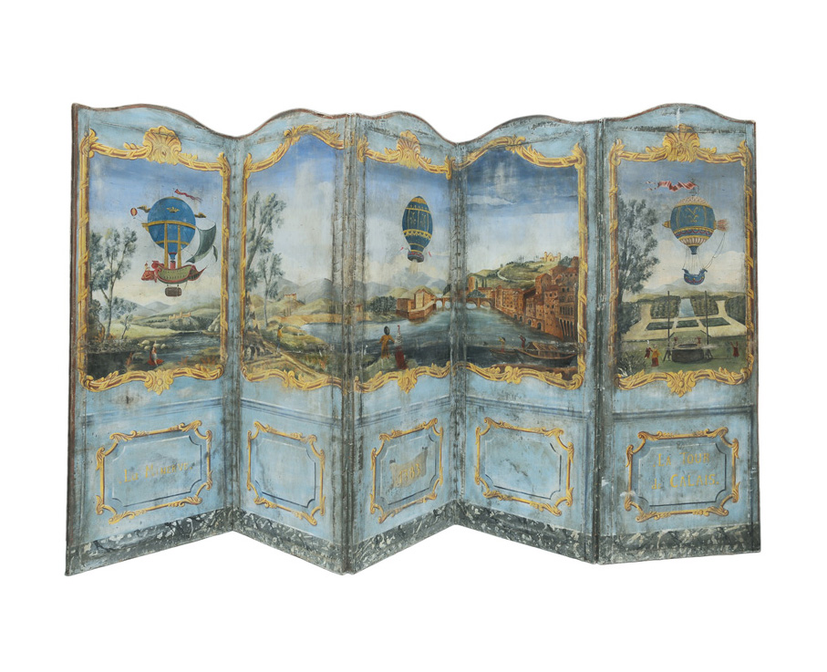 An extraordinary folding-screen with Montgolfier scenen