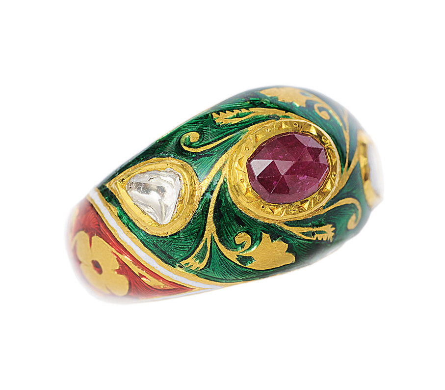 A ruby diamond ring with enamel ornaments